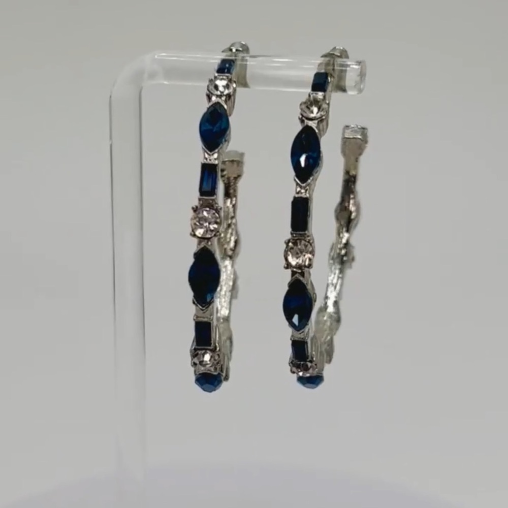 Navy Blue Gem Hoop Earrings | Textured Silver + Rhinestone Accents |